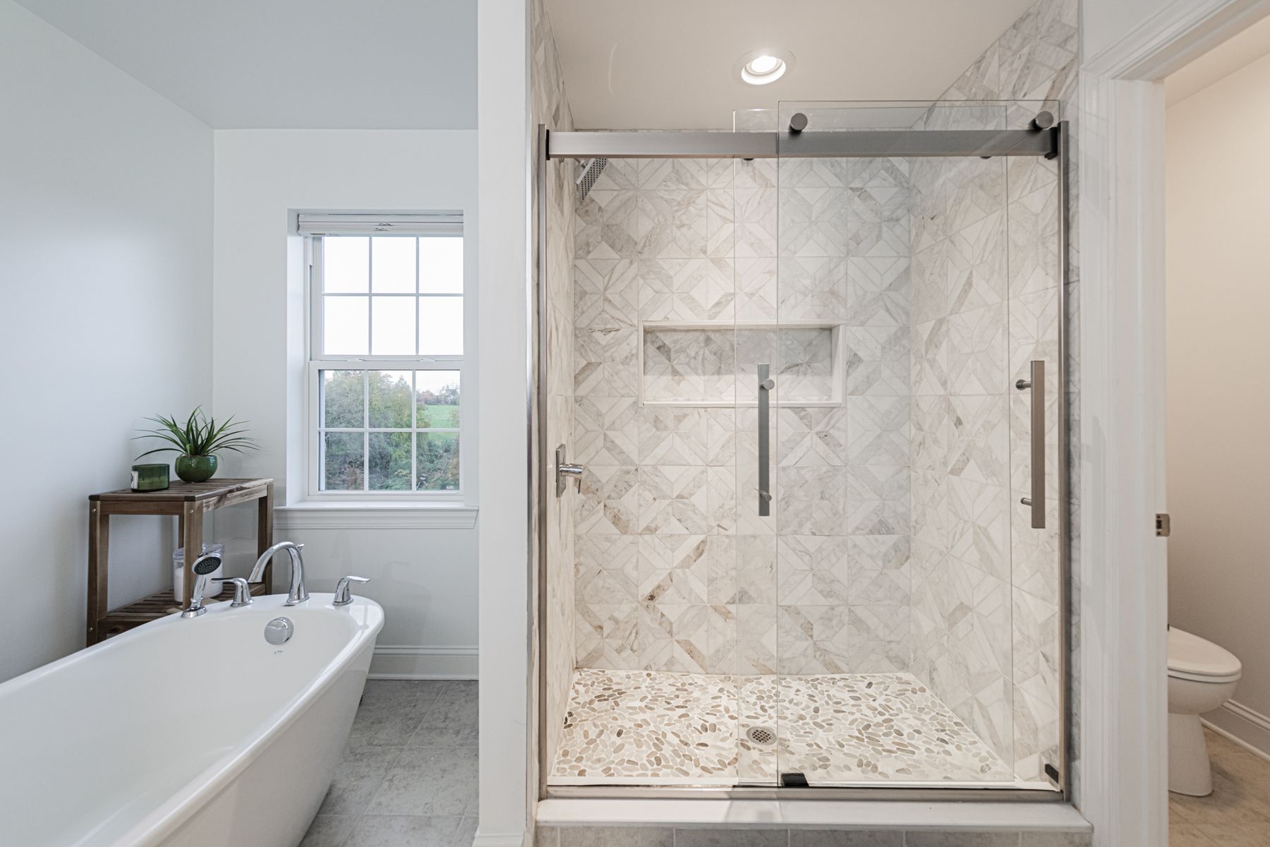 A freestanding tub beside a glass walk-in shower